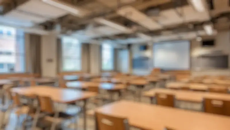 Ett tomt klassrum med träbänkar, stolar och en whiteboard framtill.