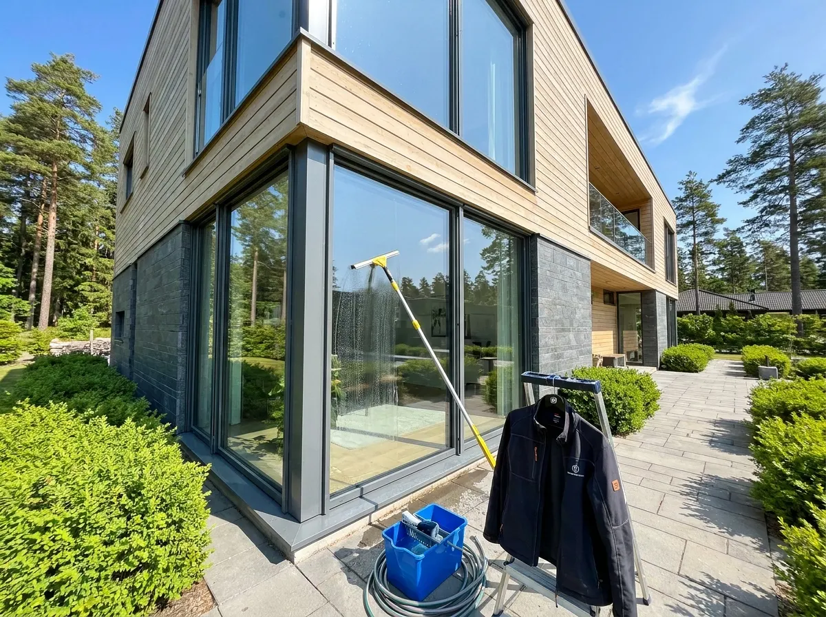 Fönsterputsning av stora glasfönster på modernt hus med träpanel.