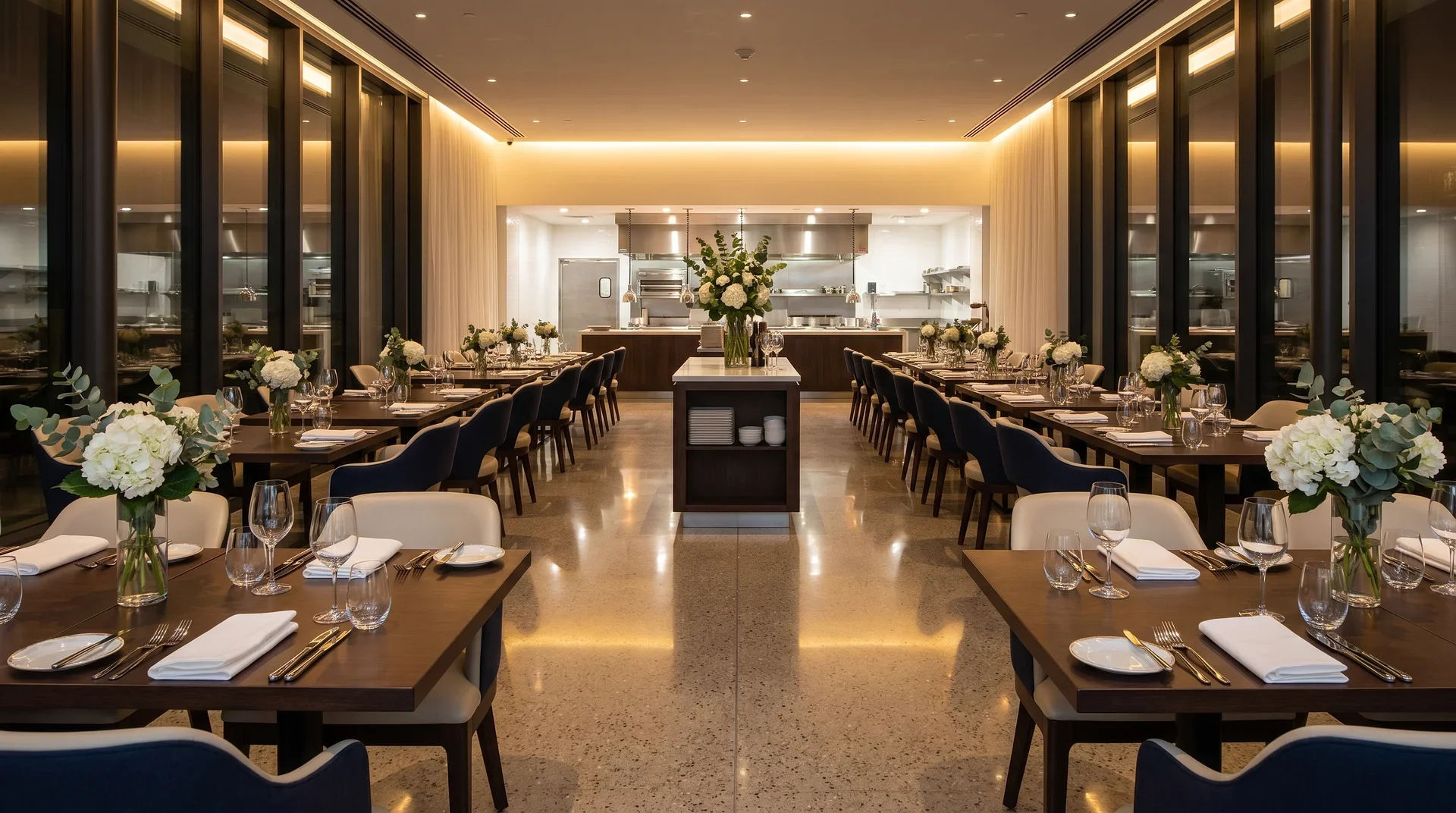 Elegant restauranginteriör med dukade bord, blommor och öppet kök i bakgrunden.