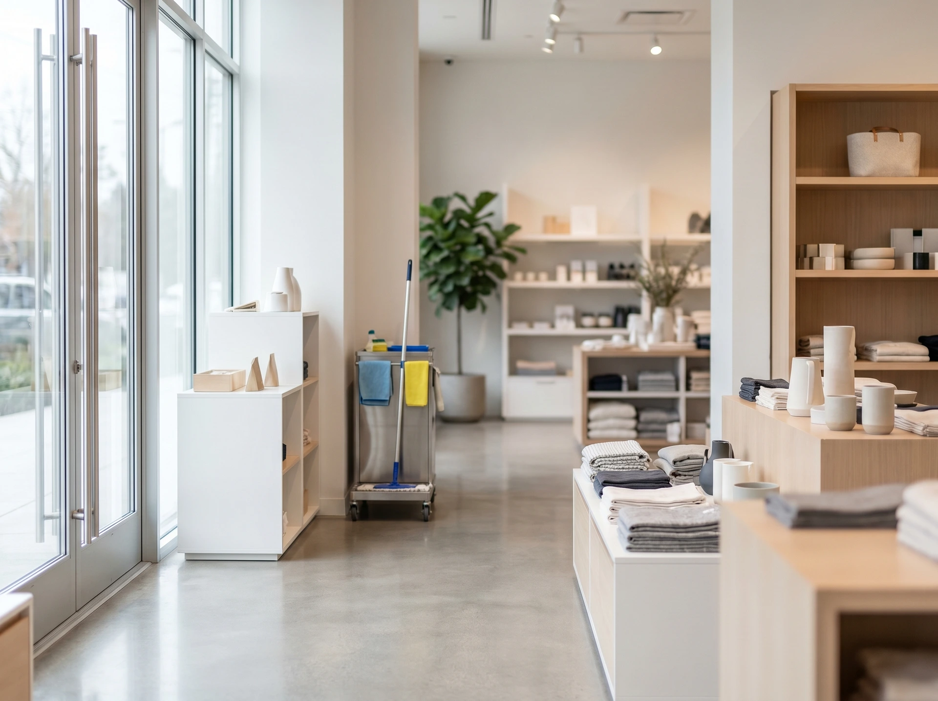 Minimalistisk butik med städvagn, trähyllor och textilier på bord.