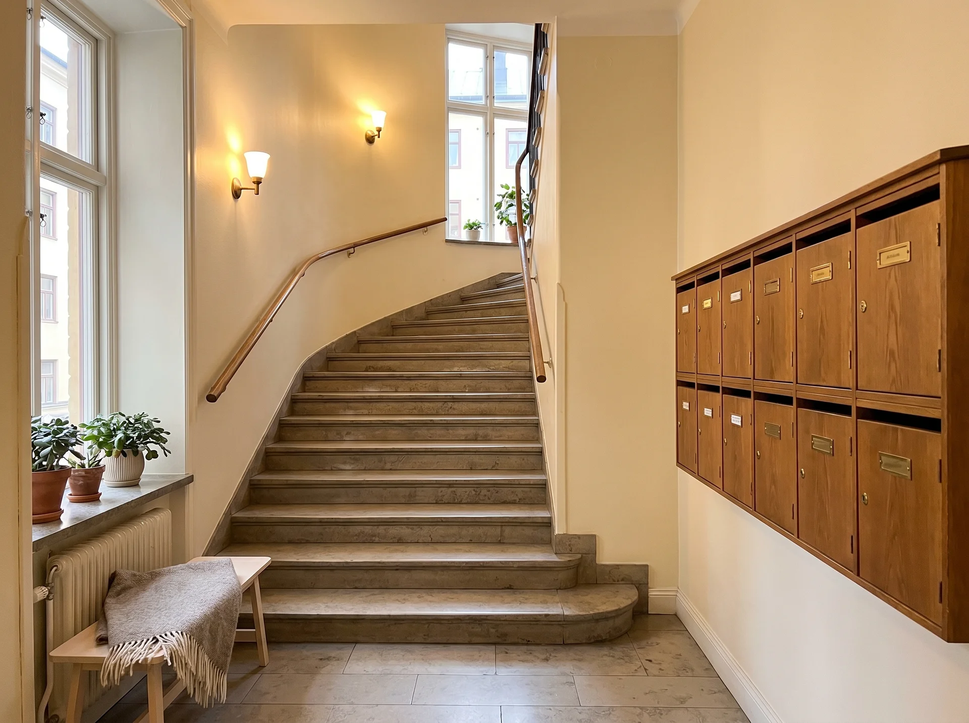 Elegant trapphall med marmortrappa, träräcke och brevlådor i trä.