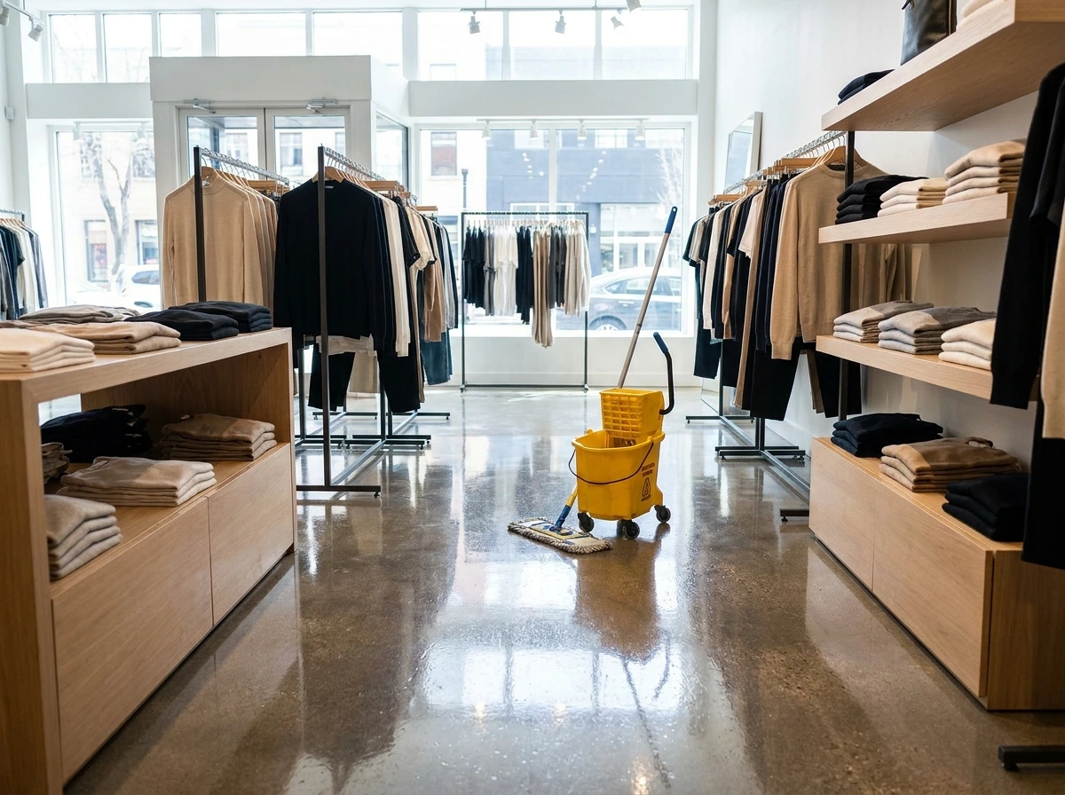 Gulmopphink och mopp i en modern klädbutik med polerat golv.