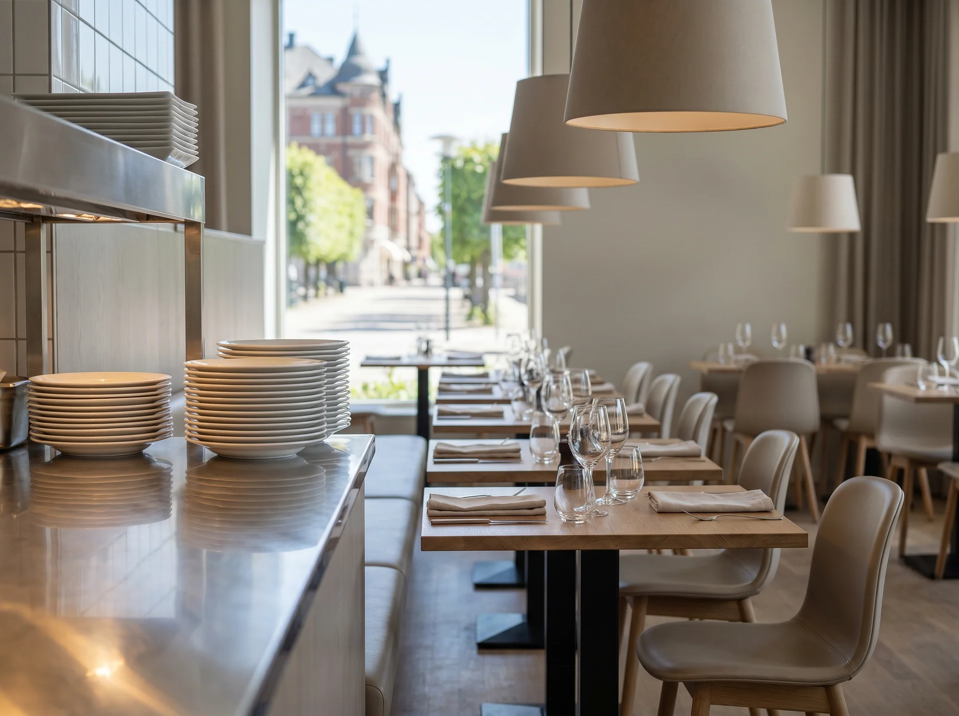 Elegant restauranginteriör med dukade bord, vinglas och stora fönster mot gata.