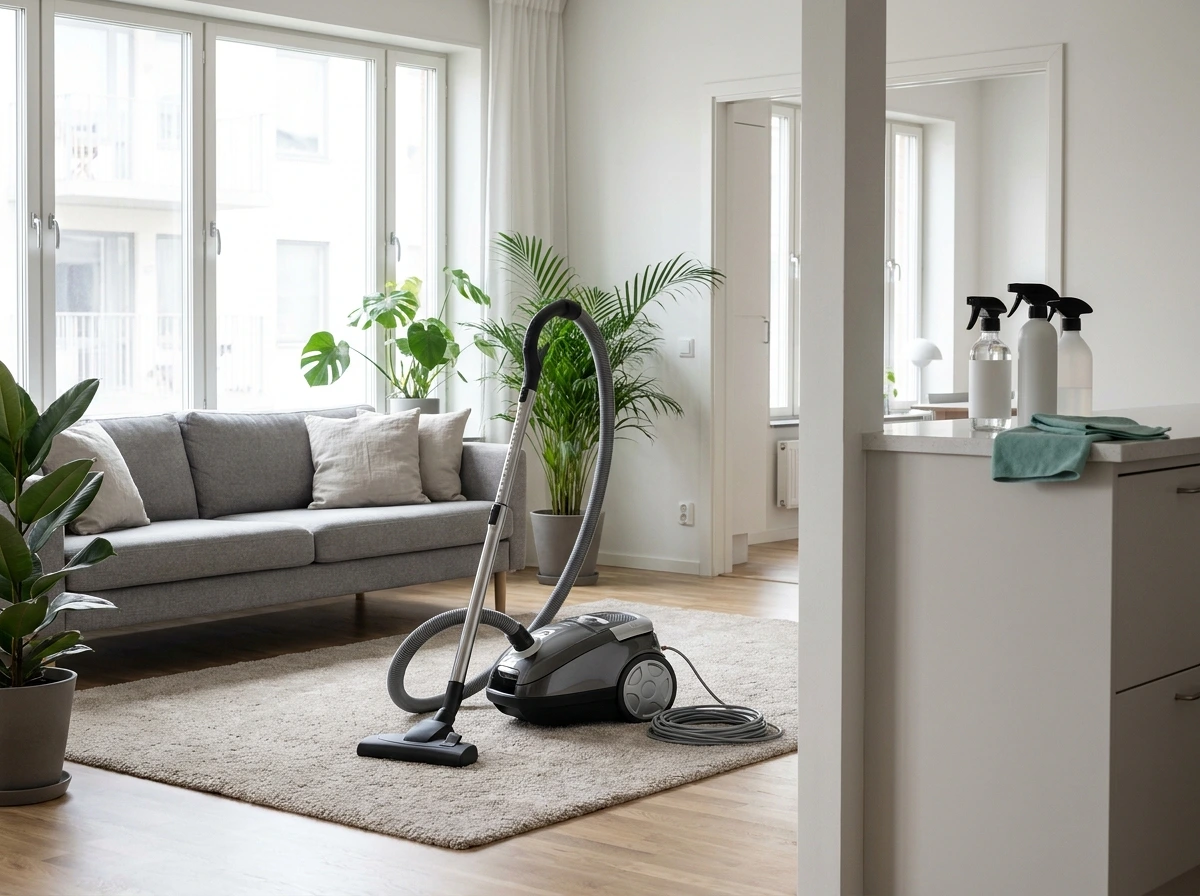 Dammsugare på matta i ljust, modernt vardagsrum med krukväxter.